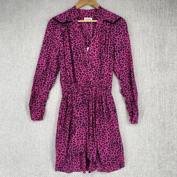 Zadig Voltaire Dress Womens XS Pink Mini Long Sleeve Cinch Leopard Print NEW - Picture 2 of 13